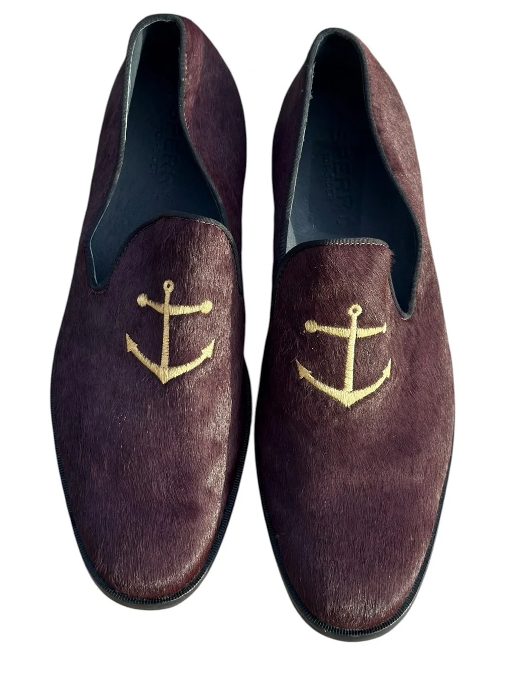 Sperry Overlook Smoking Loafers Pony Hair Gold Anchor Burgundy Men’s Size 12